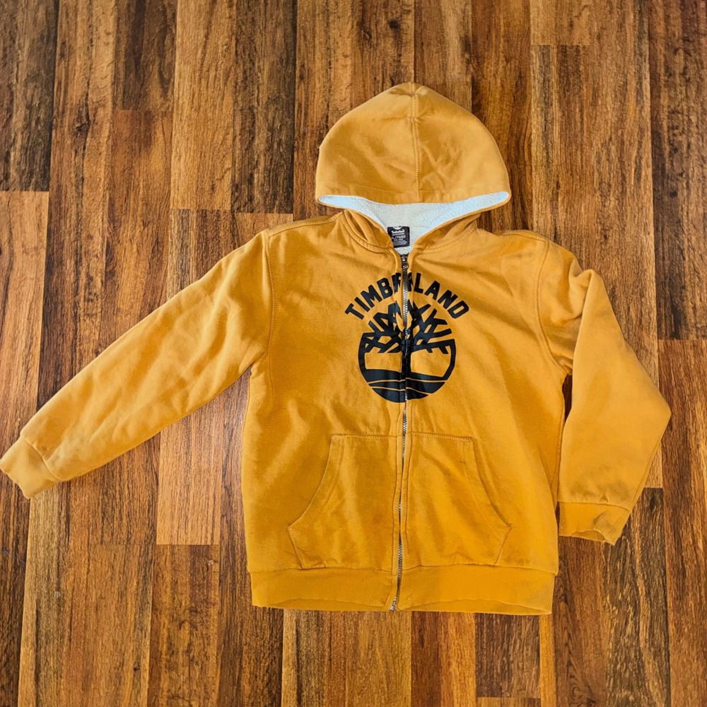 Timberland Boys XL 18-20 Sherpa Lined Zip Up Hoodie Mustard Yellow Logo Graphic